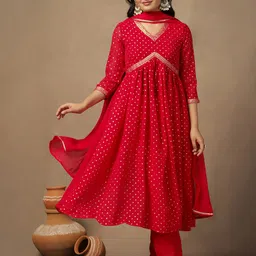 Sangria Polka Dot Printed Empire V-Neck Georgette Anarkali Kurta With Trouser And Dupatta-picture-32