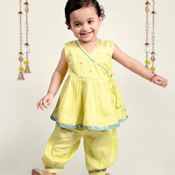 Little Llama Girls Floral Embroidered Pure Cotton Angrakha Kurta with Salwar-image-77