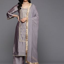 Varanga Ethnic Motifs Embroidered Zari Kurta With Palazzos & Dupatta-13