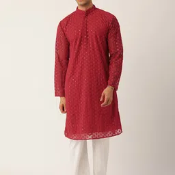 SWAGG INDIA Ethnic Motifs Embroidered Chikankari Georgette Kurta-picture-15