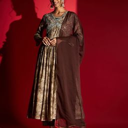 Navlik Floral Embroidered Empire Mirror Work Chanderi Silk Kurta with Trousers & With-image-7
