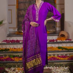 Indo Era Floral Embroidered Thread Work Liva Straight Kurta With Trousers & Dupatta-38