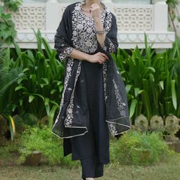 Indo Era Floral Embroidered Thread Work Liva Kurta WithTrousers & Dupatta-picture-12