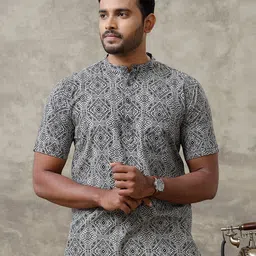 Ramraj Geometric Printed Band Collar Cotton Straight Short Kurta-image-42