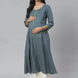 anayna Women Navy Blue & Green Block Print A-Line Maternity Kurta-picture-23