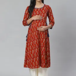 anayna Women Rust Red & Orange Block Print A-Line Maternity Kurta-picture-18