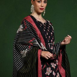 Jaipur Kurti Floral Printed Sequinned Pure Cotton Straight Kurta With Trousers & Dupatta-46