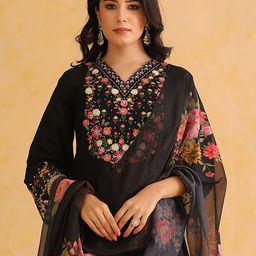 KALINI Floral Embroidered V-Neck Beads and Stones Straight Kurta with Trousers & Dupatta-image-30