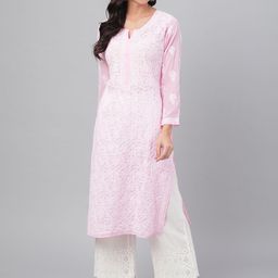 ADA Women Pink & White Chikankari Hand Embroidered Straight Sustainable Handloom Kurta-image-37