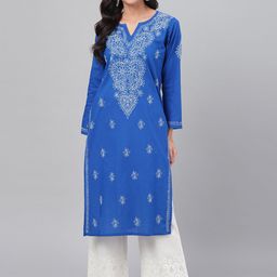 ADA Women Blue & White Chikankari Hand-Embroidered Straight Sustainable Handloom Kurta-image-61
