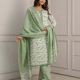 Anouk Green Floral Printed Mirror Work Pure Cotton Kurta Set With Dupatta-picture-2