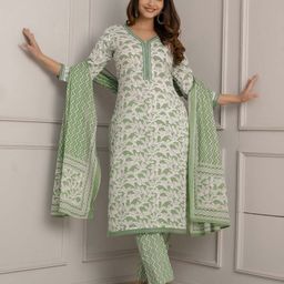anouk rustic Anouk Green Floral Printed Mirror Work Pure Cotton Kurta Set With Dupatta image 2