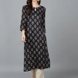 KALINI Key Hole Neck Ethnic Motifs Printed Cotton Straight Kurta-image-47