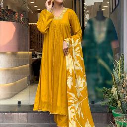 Lilots Floral Yoke Design Square Design Thread Work A-Line Kurta With Trousers And Dupatta image 3