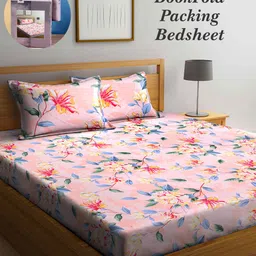 Arrabi Bookfold Peach-Coloured & Blue Floral Printed 300 TC King Bedsheet & Pillow Covers-16