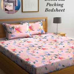 Arrabi Bookfold Peach-Coloured & Pink Floral Printed 300 TC King Bedsheet & Pillow Covers-13