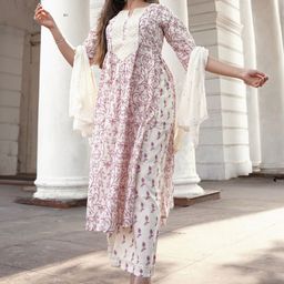 Libas Cream Floral Printed Round Neck Pure Cotton Straight Kurta with Palazzos & Dupatta-picture-50