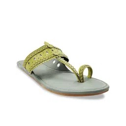 THE MADRAS TRUNK Women Green & Grey Woven Design Leather Kolhapuri One Toe Flats-picture-58