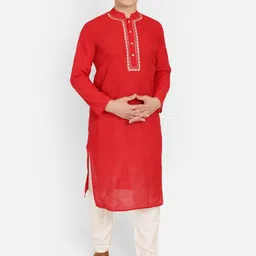 PAROKSH Men Red Thread Work Grandeur & Majestic Artwork Khadi Handloom Kurta-picture-17