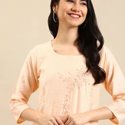 SHOWOFF Women Peach-Coloured Solid Calf Length  Embellished Regular Kurta-31