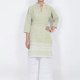 Trendzmy Women Olive Green Geometric Embroidered Cotton Chikankari Kurta-image-59