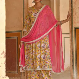 Janasya Women Yellow Cotton Floral Print Kurta with Palazzo and Dupatta-image-20