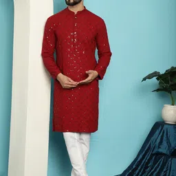 SOJANYA Ethnic Motifs Embroidered Sequined Pure Cotton Kurta with Churidar-49