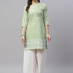 MIRAVAN Green Floral Embroidered Chikankari Pure Cotton Chikankari Kurti-picture-54