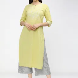 Vishudh Women Lime Green Floral Embroidered Keyhole Neck Kurta-image-9