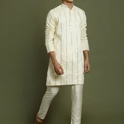 VASTRAMAY Boys Striped Embroidered Mandarin Collar Mirror Work Kurta With Pyjamas-image-42