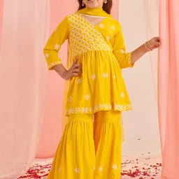 pspeaches Girls Floral Embroidered Pleated Kurta with Sharara & With Dupatta-image-70