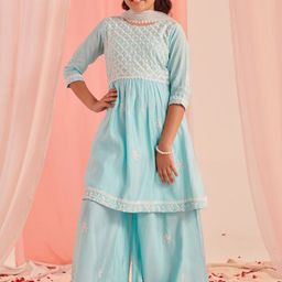 pspeaches Girls Ethnic Motifs Embroidered Thread Work Kurta with Sharara & Dupatta-image-87
