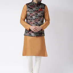 KISAH Men Black Solid Kurta and Churidar with Printed Jacket-2