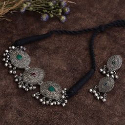 VENI Silver-Plated Oxidised Stone studded Choker Jewellery Set-25