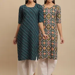 KALINI Women Green & Orange Ethnic Motifs Printed Block Print Handloom Crepe Kurta-image-40