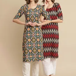 KALINI Women Teal & Red Pack Of 2 Geometric Printed Crepe Kurta-image-26