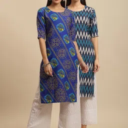 KALINI Women Blue & Navy Blue Pack Of 2 Geometric Printed Crepe Kurta-picture-4