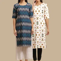 KALINI Women Navy Blue & Off White Pack Of 2 Geometric Printed Crepe Kurta-picture-2