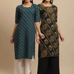 KALINI Women Blue & Black Striped Block Print Handloom Crepe Cotton Kurta-image-63