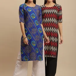 KALINI Women Multicoloured Bandhani Printed Keyhole Neck Thread Work Block Print Handloom Crepe Kurta-picture-10