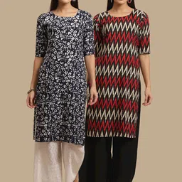 KALINI Women Black & Red Geometric Printed Block Print Handloom Crepe Kurta-image-96