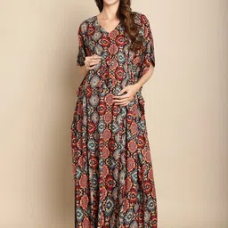 Secret Wish Ethnic Motifs Printed Maternity Maxi Kaftan Nightdress-image-71