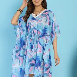 Secret Wish Abstract Printed Gathered & Lace-Insert Detail Swimwear Cover-Up Kaftan Dress-image-1