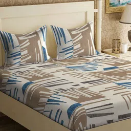 KLOTTHE White & Brown Abstract Printed 300TC Fitted Double King Bedsheet & 2 Pillow Covers-18
