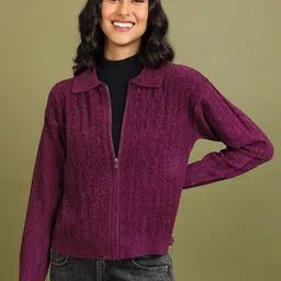 Tokyo Talkies Purple Cable Knit Self Designed Shirt Collar Acrylic Sweater-picture-53