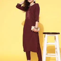 SheWill Women Burgundy Sequinned Kurta with Trousers-picture-32