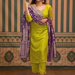 Trendmalls Ethnic Motifs Woven Design Sequinned Pure Silk Kurta With Trousers & Dupatta-44