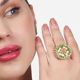 Zaveri Pearls Gold-Plated Green & Pink Meenakari Flower Design Kundan Ring-20