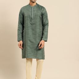 Amodh by Kisah Men Green Geometric Flared Sleeves Thread Work Dobby Kurta image 1