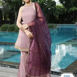 AKS Couture Checked Sequinned Pure Cotton Kurta With Sharara & With Dupatta image 1
